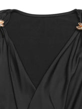 Black satin cowl neck sleeveless bodysuit with gold-toned shell-shaped embellishments on shoulder straps