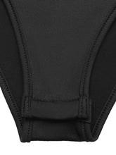 Black stretchy fabric bikini bottom with neat stitching edges paired with a cowl neck sleeveless bodysuit