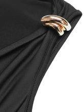Gold-toned three-layered metallic clasp fastens the black fabric of the cowl neck sleeveless bodysuit at the back