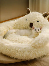 Cozy Bear plush pet nest with high backrest and fluffy cream fur