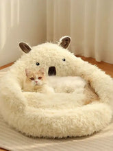 Cozy Bear plush pet nest with high backrest and fluffy white fur