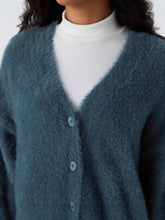 Cozy knit button-down cardigan in soft teal-blue fuzzy fabric