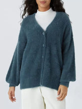 Cozy knit button-down cardigan in teal fuzzy knit, v-neck, machine wash