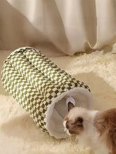 Cozy plush pet tunnel nest with green and white checkered design