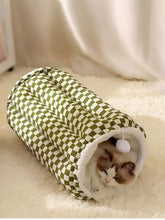 Cozy plush pet tunnel nest in olive white checkered with fleece lining pom-pom
