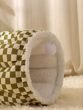 Cozy plush pet tunnel nest with olive white checkered exterior
