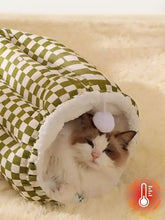 Cozy plush pet tunnel nest in olive white checkered with fleece lining