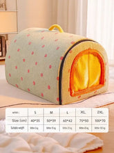 Cozy polka dot pet bed cave with handle, light green exterior and yellow interior