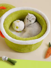 Cozy lime green pet nest with thermal insulation, silver tabby cat nestled in