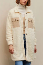 Cream and beige faux fur teddy coat with high collar and pockets