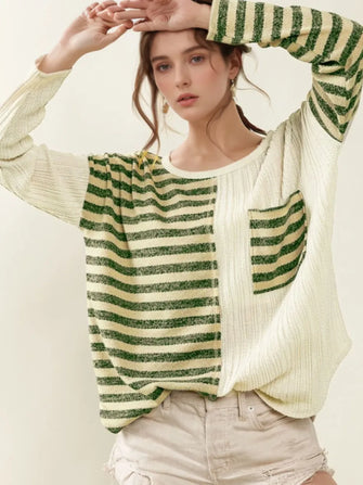 Cream and Green Striped Long Sleeve Knit Top for Women Green