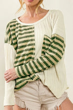Cream and Green Striped Long Sleeve Knit Top for Women