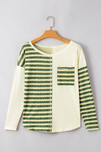 Cream and Green Striped Long Sleeve Knit Top for Women