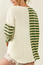 Cream and Green Striped Long Sleeve Knit Top for Women