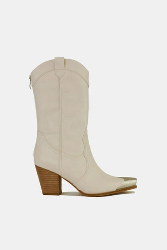 Cream Block Heel Ankle Boots with Metal Toe Ivory