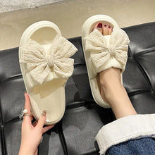 Cream bowknot open toe flats slippers with thick sole