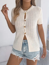 Cream cable knit button short sleeve cardigan with gold buttons and lace
