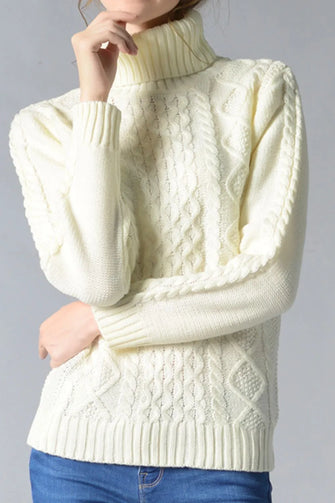 Cream Cable Knit Turtleneck Sweater Long Sleeve Pullover Cream