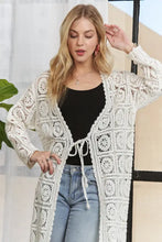 Cream crochet elastic cardigan with flattering fit and adora long sleeves