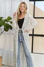 Cream crochet elastic cardigan with flattering fit and Adora long sleeves