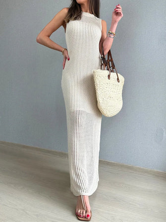 Cream Crochet Knit Maxi Dress Swim Cover-Up Beige