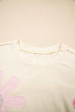 Cream Flower Patched T-Shirt for Women with Appliqué and Exposed Seams