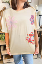 Cream Flower Patched T-Shirt for Women with Appliqué and Exposed Seams Cream
