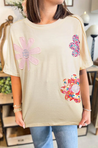 Cream Flower Patched T-Shirt for Women with Appliqué and Exposed Seams Cream