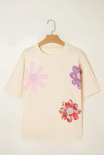 Cream Flower Patched T-Shirt for Women with Appliqué and Exposed Seams