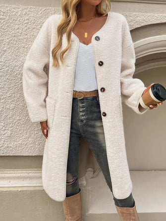 Women's Cream Fuzzy Button-Down Knee-Length Coat Ivory