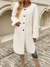 Women's Cream Fuzzy Button-Down Knee-Length Coat