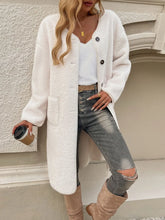 Women's Cream Fuzzy Button-Down Knee-Length Coat