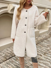 Women's Cream Fuzzy Button-Down Knee-Length Coat