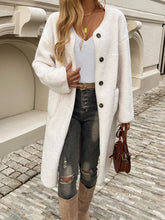 Women's Cream Fuzzy Button-Down Knee-Length Coat