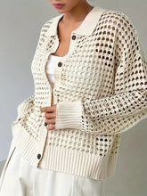 Cream knit button cardigan with heart cutout and textured pattern