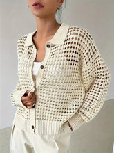 Cream knit button cardigan with heart cutout and openwork design