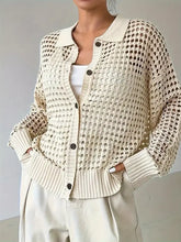Cream knit button cardigan with heart cutout, textured pattern
