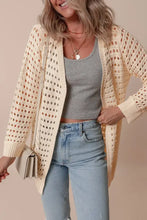 Cream openwork open front knit cardigan, slightly stretchy with pockets