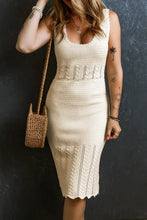 Cream knit midi dress in cream color with woven handbag