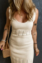 Crocheted cream knit midi dress with woven handbag, slightly stretchy