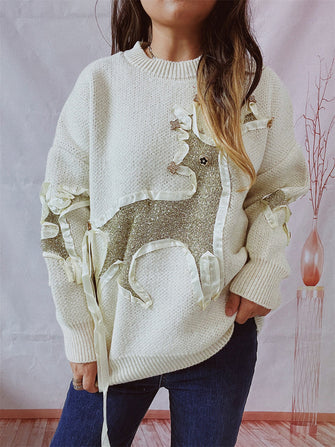 Cream Knit Sweater with Glittery Deer Long Sleeve Pullover Beige