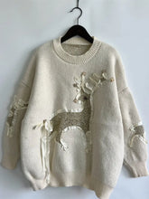 Cream Knit Sweater with Glittery Deer Long Sleeve Pullover Sweater Pullovers
