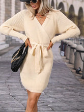 Cream Knit Wrap Dress with Long Lantern Sleeve Length and Belt Woman Sweater Dresses