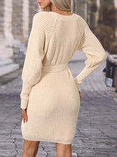 Cream Knit Wrap Dress with Long Lantern Sleeve Length and Belt Woman Sweater Dresses
