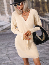Cream Knit Wrap Dress with Long Lantern Sleeve Length and Belt