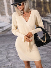 Cream Knit Wrap Dress with Long Lantern Sleeve Length and Belt Woman Sweater Dresses