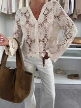 Cream lace cardigan with floral pattern and bell sleeves, machine washable