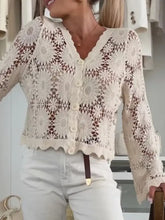 Cream lace cardigan with scalloped edges, floral pattern and machine wash