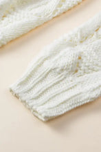 Cream lace long sleeve cardigan with openwork open front and white cable-knit arm warmers