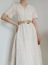 Cream lace midi dress with irregular buckle braid belt